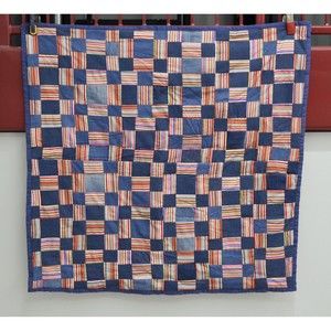 Vintage Handmade Red and Blue With Striped Backing 45X46 Inch Lap or Small Quilt